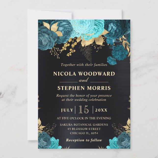Convite Casamento de Flores Teal e Dourado em Aquarela Ele (Frente)
