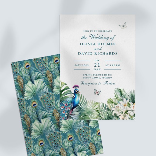 Convite Casamento de Flores Tropicais de Teal Peacock (Teal Peacock Tropical Flowers Butterfly Wedding Invitation)