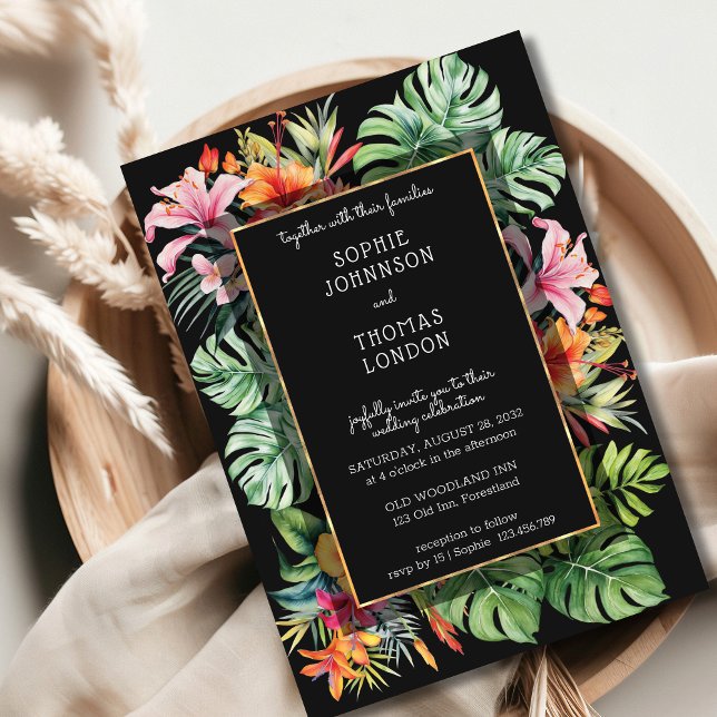 Convite Casamento de flores tropicais e folhas de cor d'ág (Criador carregado)