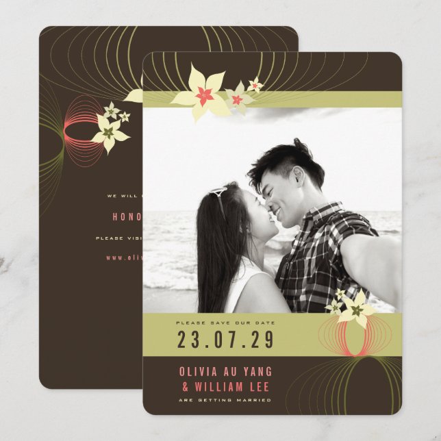 Convite Casamento de Flores Tropicais Rosa Ikebana Frangip (Frente/Verso)