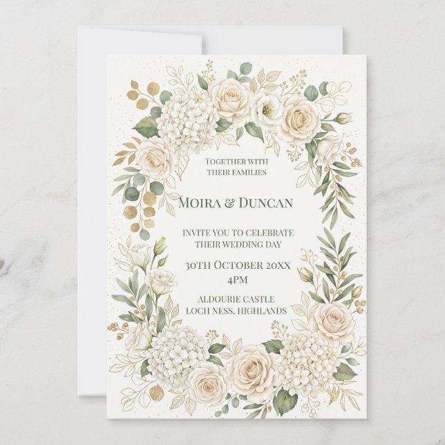 Convite Casamento de Flores Verdejantes de Marfim (Frente)