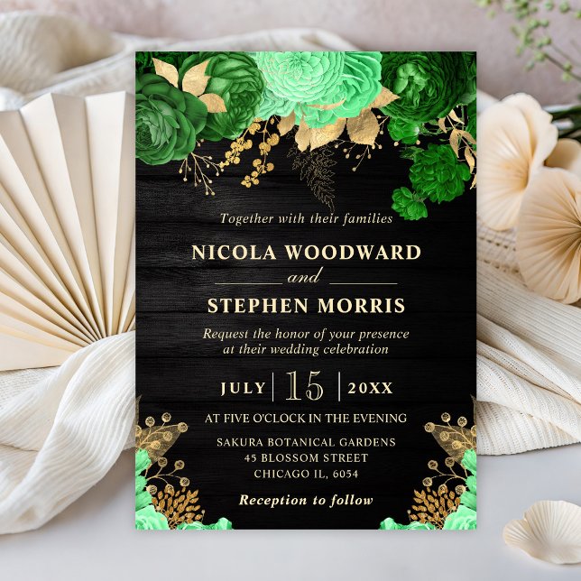 Convite Casamento de Flores Verdes e Douradas em Aquarela  (Criador carregado)
