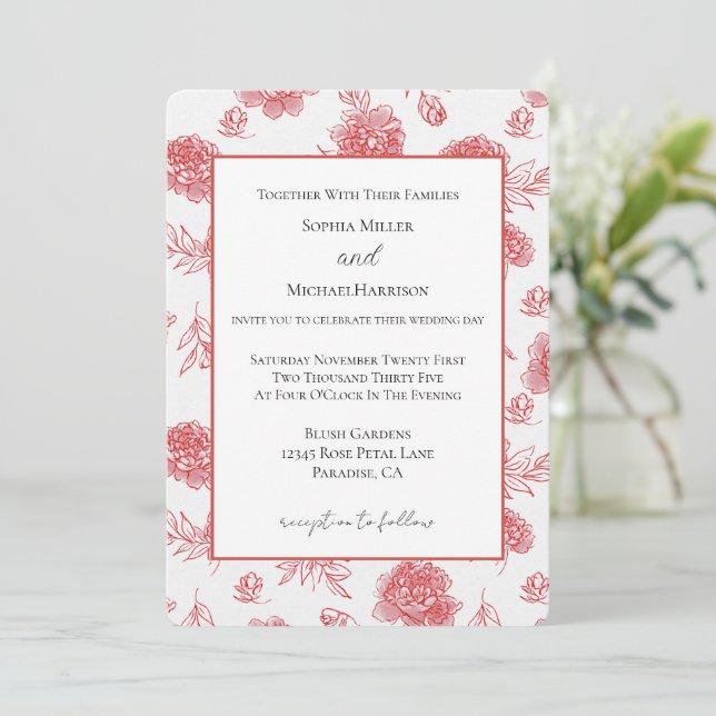 Convite Casamento de Flores Vermelhas Chic (Em pé/Frente)