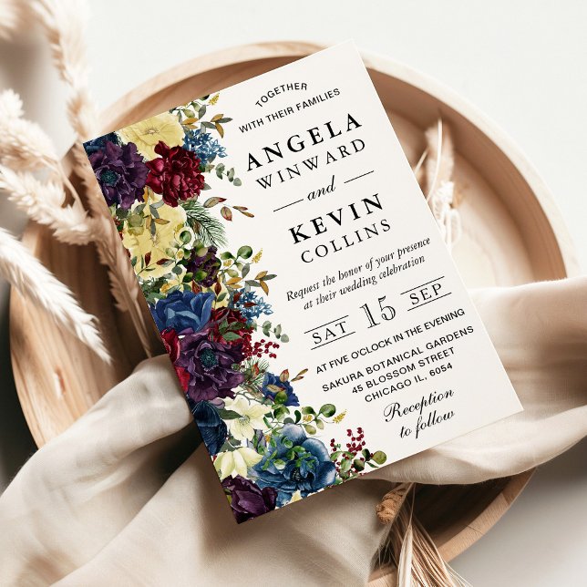 Convite Casamento de Flores Vermelhas e Marinhos de invern (Criador carregado)