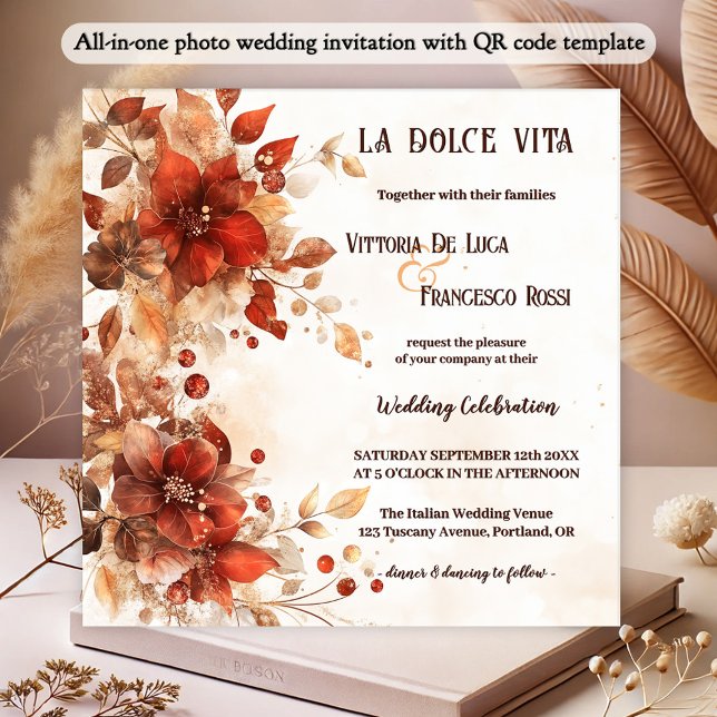 Convite Casamento de Flores Vermelhas Italianas "All-in-on (All-in-one wedding invitation featuring watercolor flowers in Italian red and vibrant orange)