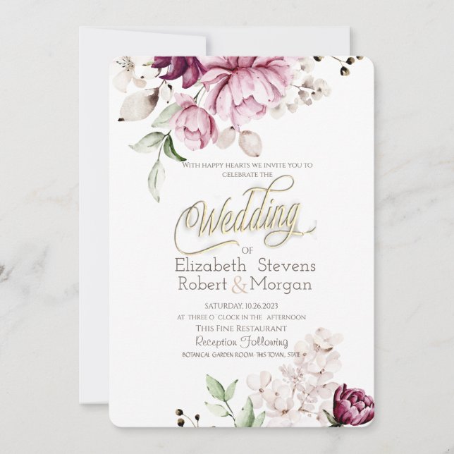 Convite Casamento de Flores Violeta Aquarela Chic (Frente)