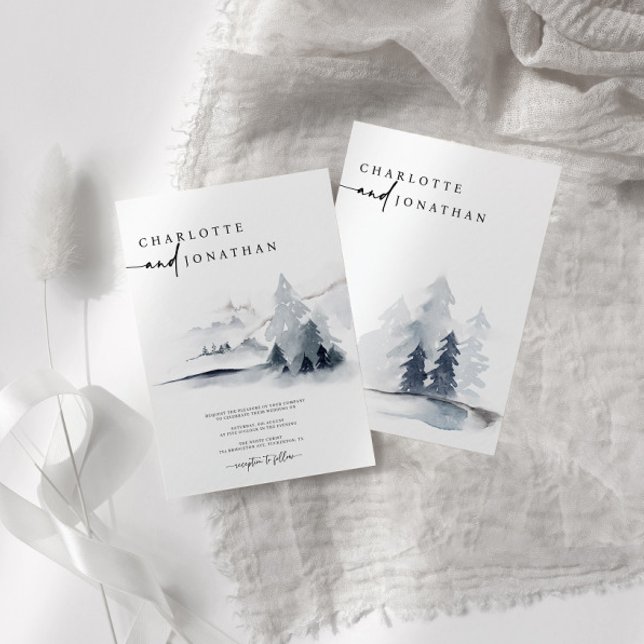 Convite Casamento de Floresta Elegante Azul Dusty (Criador carregado)