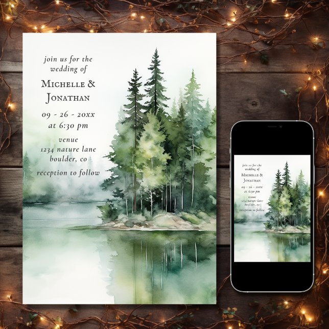 Convite Casamento de Floresta Florestal do Lago Rustic Wat (Printed and Digital - Watercolor Rustic Lake Woodland Forest Wedding Invitation)