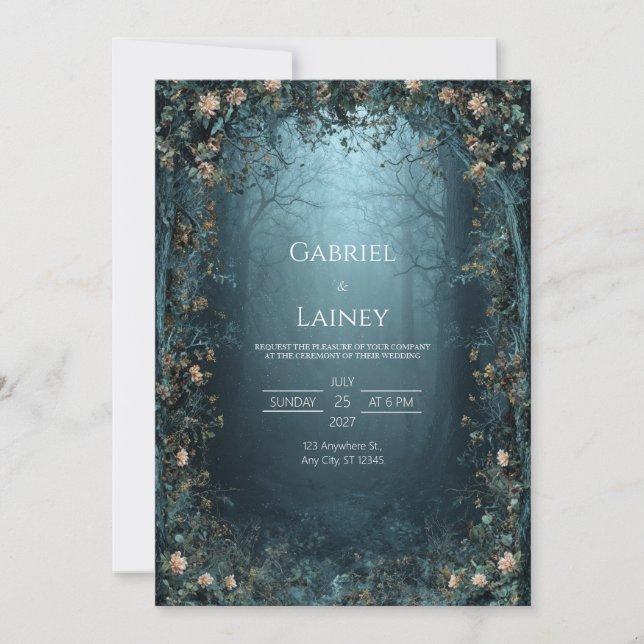 Convite Casamento de Floresta Noturna Encantada por Romanc (Frente)