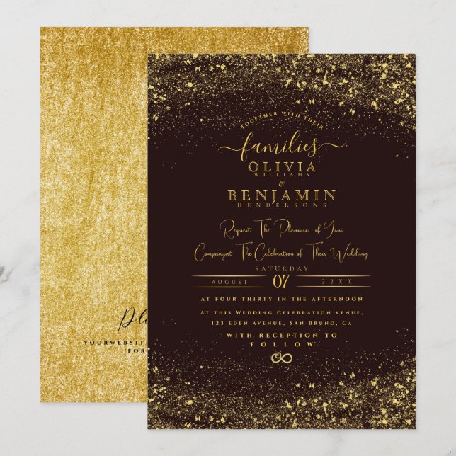 Convite Casamento de Foil com Foil Dourada Moderna e Brilh (Frente/Verso)