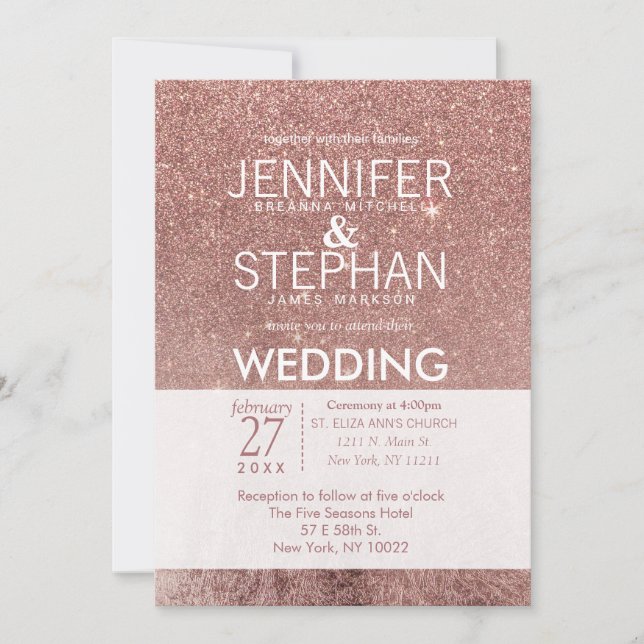 Convite Casamento de Foil com Glitter Dourado Rosa Girly M (Frente)