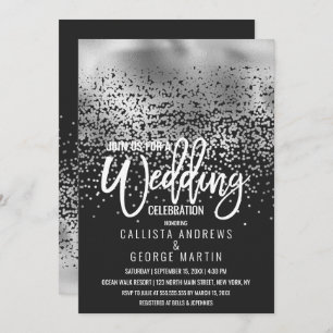 Convite Casamento de Foil de Prata Negra Moderna Confetti