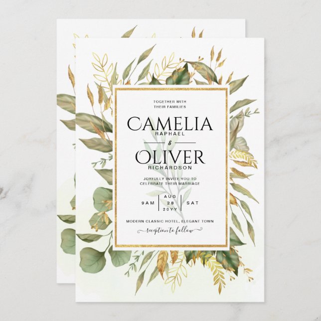 Convite Casamento de Folgas Douradas Elegante All-in-1 (Frente/Verso)