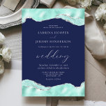Convite Casamento de Folha Azul de Prata Azul de Aqua<br><div class="desc">Este convite de casamento de moda apresenta folha aqua e folha fina prateada e bordas onduladas brilhantes no topo e no fundo sobre um fundo azul marinho. A palavra "casamento" aparece em escrita caligráfica. Personalize o texto branco com os nomes da noiva e do noivo e os detalhes do casamento....</div>