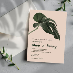 Convite Casamento de folha de filodendron verde e rosa-cla
