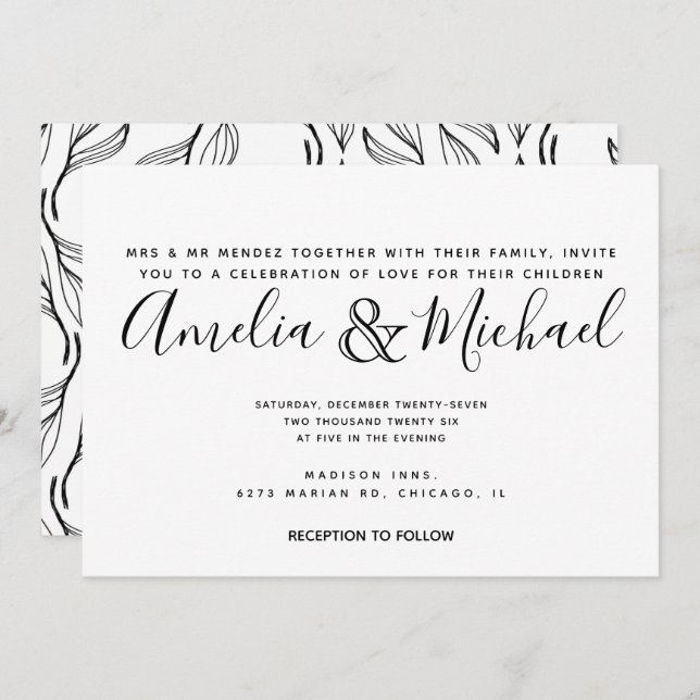 Convite Casamento De Folha De Folha Floral De Folha Branca (Frente/Verso)