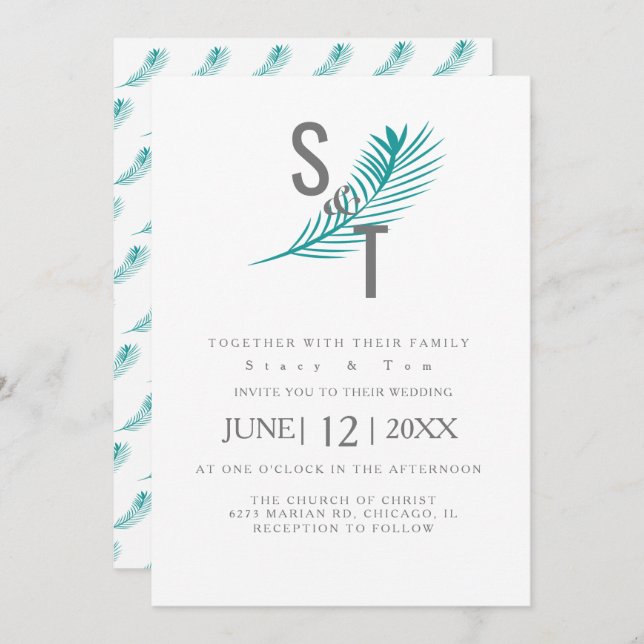 Convite Casamento de Folha de Folha Tropical Moderna (Frente/Verso)