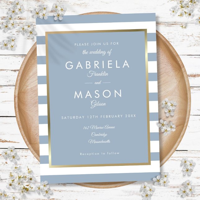 Convite Casamento de Folha de Ouro Dusty Blue Stripe Faux  (Dusty Blue Classic Stripe Faux Gold Foil Wedding Invitation)