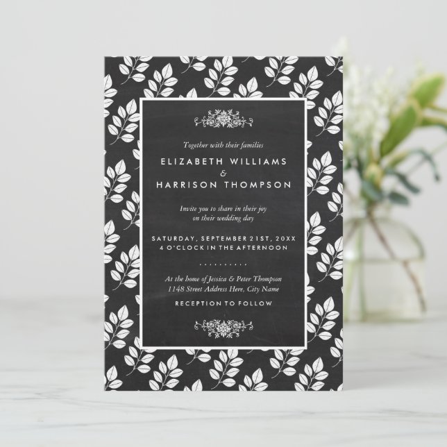 Convite Casamento de Folha Floral Chalkboard (Em pé/Frente)
