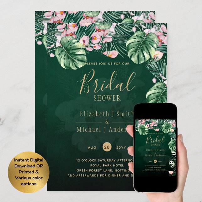 Convite Casamento de Folha Floral Rosa Verde Tropical Leah (Criador carregado)