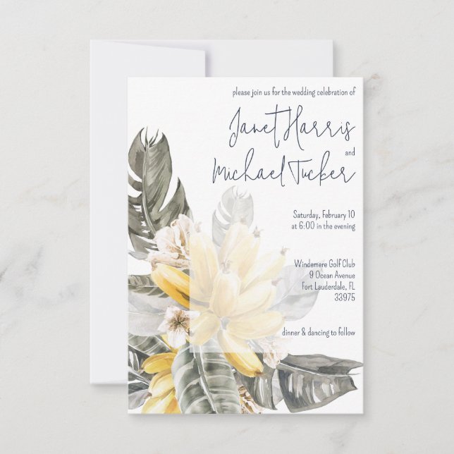 Convite Casamento de Folha Verde Tropical e Amarela (Frente)