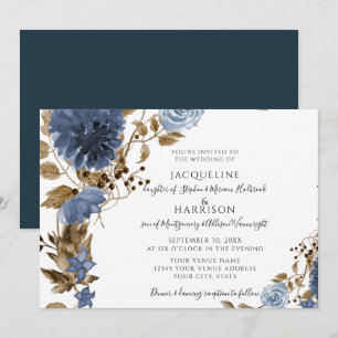 Convite Casamento de Folhagem Azul Azul Marinho