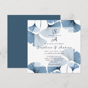 Convite Casamento de Folhagem Azul e Branco Moderno