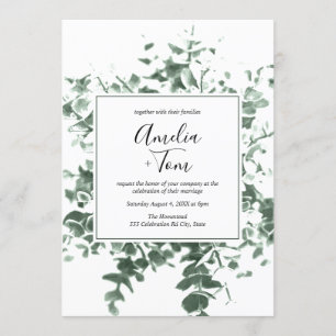 Convite Casamento de Folhagem Botânica Aquarela Caligrafia