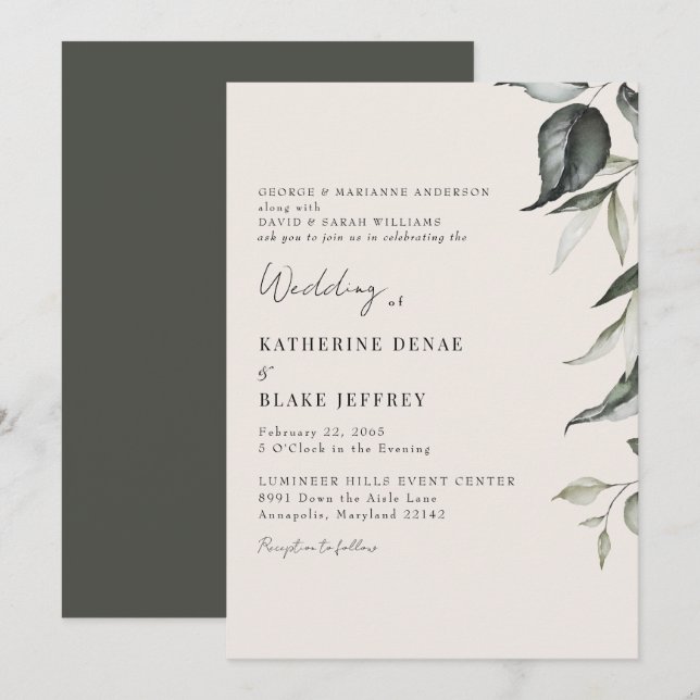 Convite Casamento de Folhagem Botânica de Champanhe (Frente/Verso)