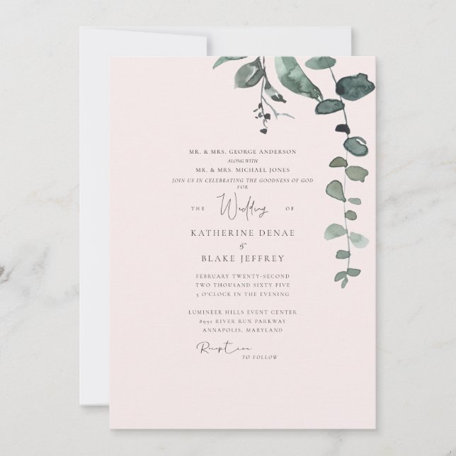 Convite Casamento de Folhagem Botânica Rosa Elegante (Frente)