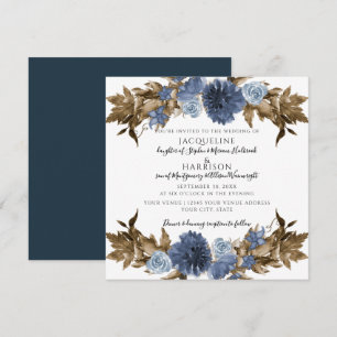Convite Casamento de Folhagem Castanho Marinho Floral Qued