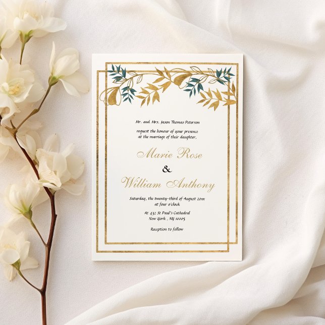Convite Casamento de folhagem ciana cinzenta de ouro branc (Geometric white gold grayish cyan foliage Wedding )