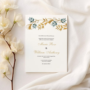 Convite Casamento de folhagem ciana de ouro branco-luxo