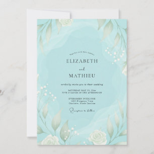 Convite Casamento de Folhagem com Aquarela Aqua