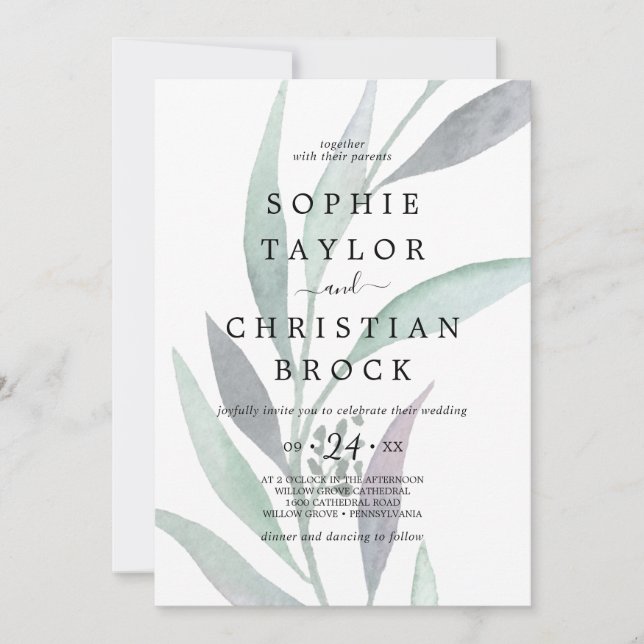 Convite Casamento de Folhagem de Eucalipto Roxo e Verde (Frente)