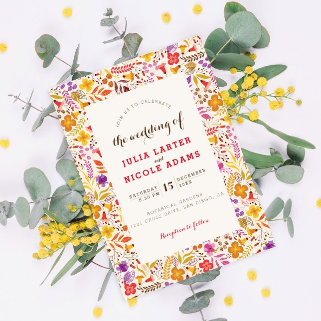 Convite Casamento de Folhagem de Flor Selvagem Roxo Orange (Criador carregado)