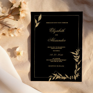 Convite Casamento de folhagem de luxo, preto e dourado