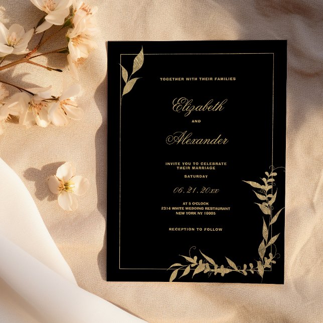 Convite Casamento de folhagem de luxo, preto e dourado (Luxury black and gold foliage Wedding)