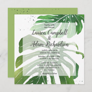 Convite Casamento de Folhagem de Monstera, Tropical Waterc