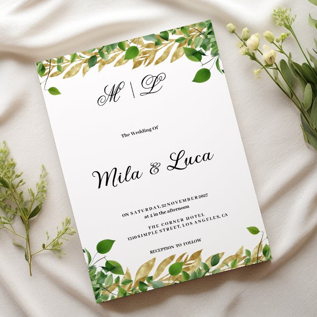 Convite Casamento de folhagem de ouro em verde-botânico (Botanical greenery gold foliage Wedding )