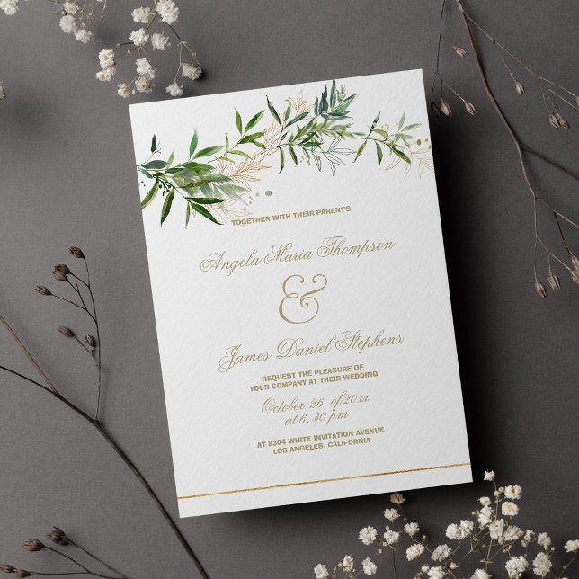 Convite Casamento de folhagem de ouro verde-clássico (Classy white green gold glitter foliage wedding )