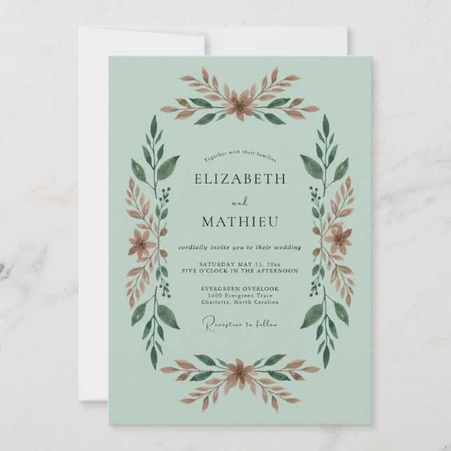 Convite Casamento de Folhagem Delicada em Verde Menta (Frente)