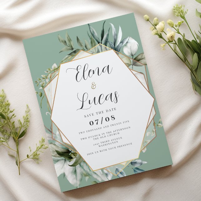 Convite Casamento de folhagem dourada com aquarela geométr (Geometric watercolor mint gold foliage wedding)