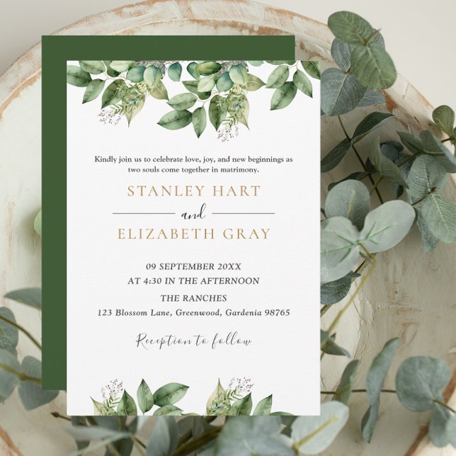 Convite Casamento de Folhagem Dourada e Verde Botânico Rus (Criador carregado)