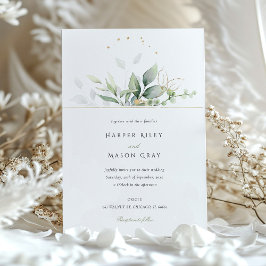 Convite Casamento de Folhagem Dourada e Verde Por Aquarela