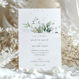 Convite Casamento de Folhagem Dourada e Verde Por Aquarela