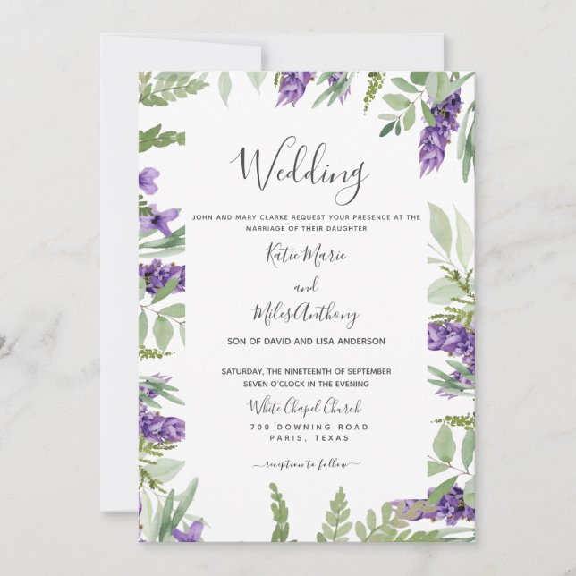 Convite Casamento de Folhagem e Lavanda Elegante (Frente)