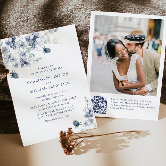 Convite Casamento de Folhagem Elegante Dusty Blue Boho Win (Criador carregado)