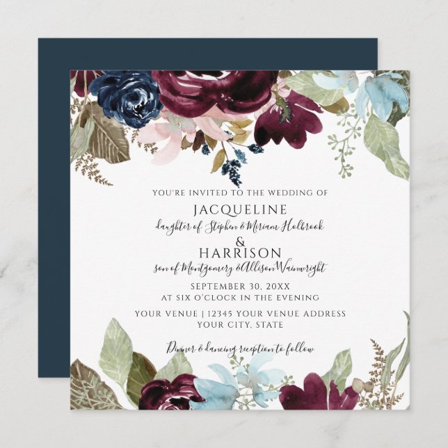 Convite Casamento de Folhagem Elegante Floral de Blush Mar (Frente/Verso)