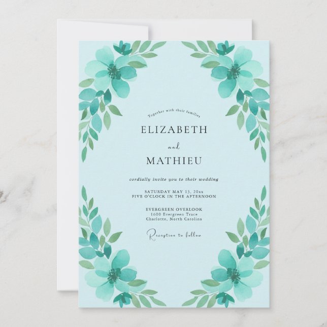 Convite Casamento de Folhagem Eucalipto Aqua (Frente)